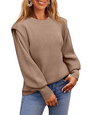 LILLUSORY Women's Crewneck Long Lantern Sleeve Sweaters 2023 Striped Ribbed Knit Jumper Pullover ... | Amazon (US)