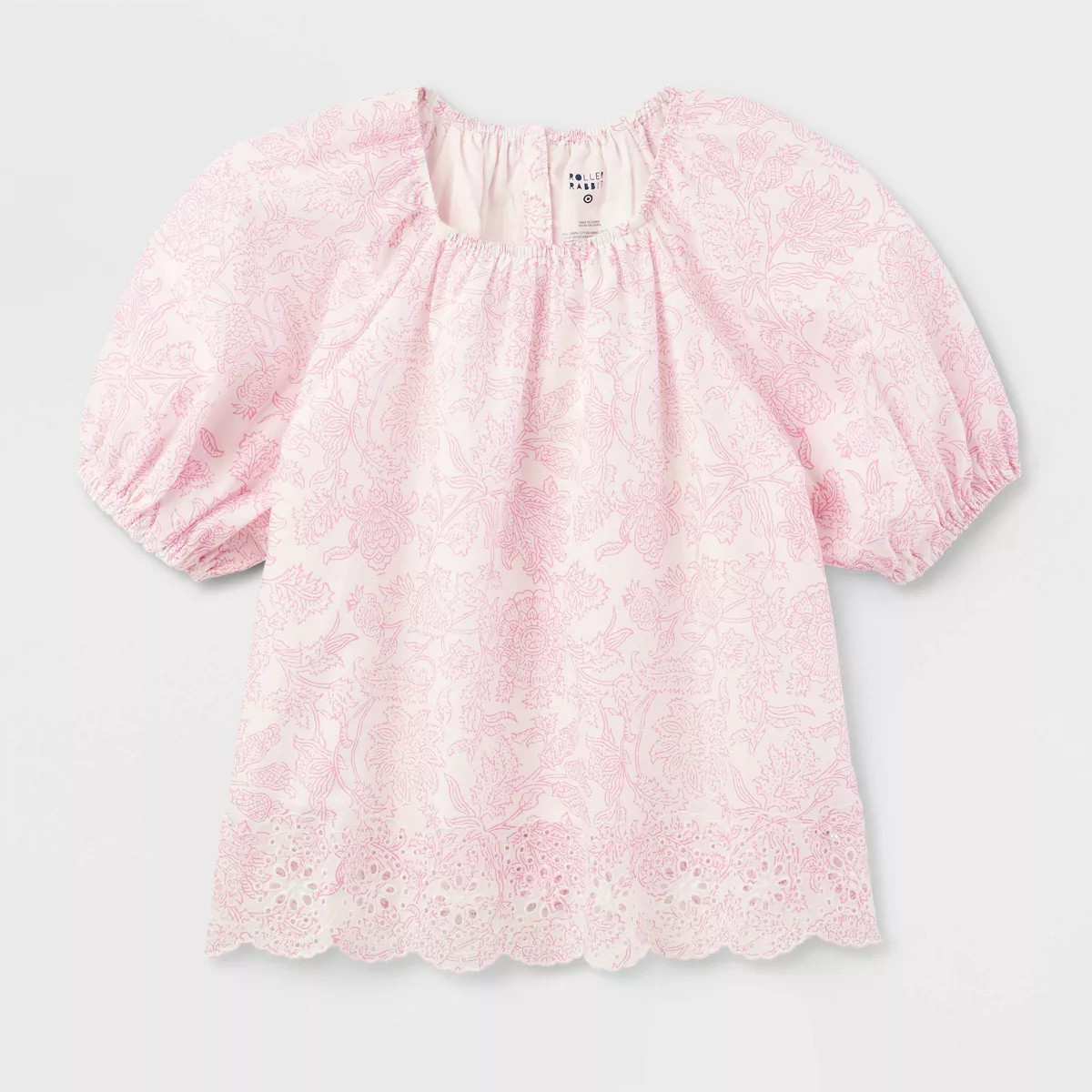 Girls' Adaptive Sketched Floral Short Sleeve Eyelet Hem Top Pink - Roller Rabbit x Target M | Target