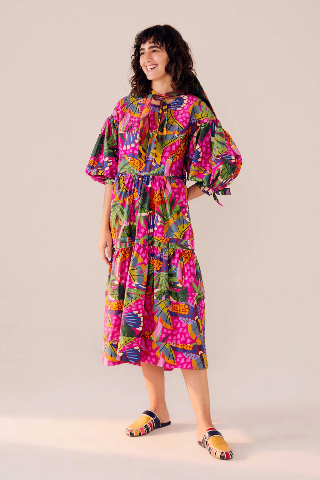 PINK PAINTED TOUCANS MIDI DRESS | FarmRio (US)