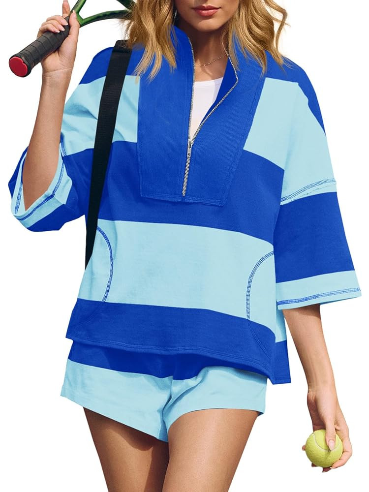 Fisoew Womens 2 Piece Outfits Summer Striped Sweatshirt Workout Shorts Sets Matching Lounge Set T... | Amazon (US)