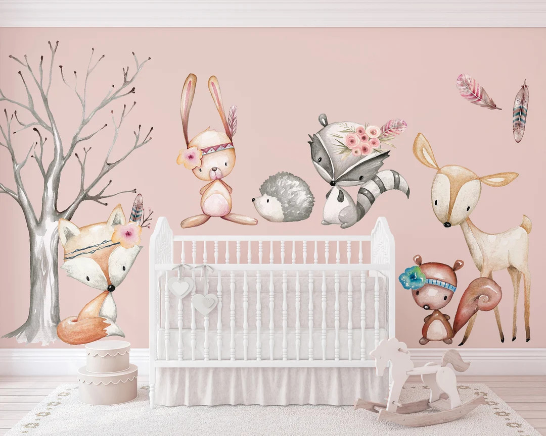 Fox TRIBE Woodland Nursery Decor Forest Animals Fox Deer Raccoon Bunny Wall Decal Girl Forest Bab... | Etsy (US)