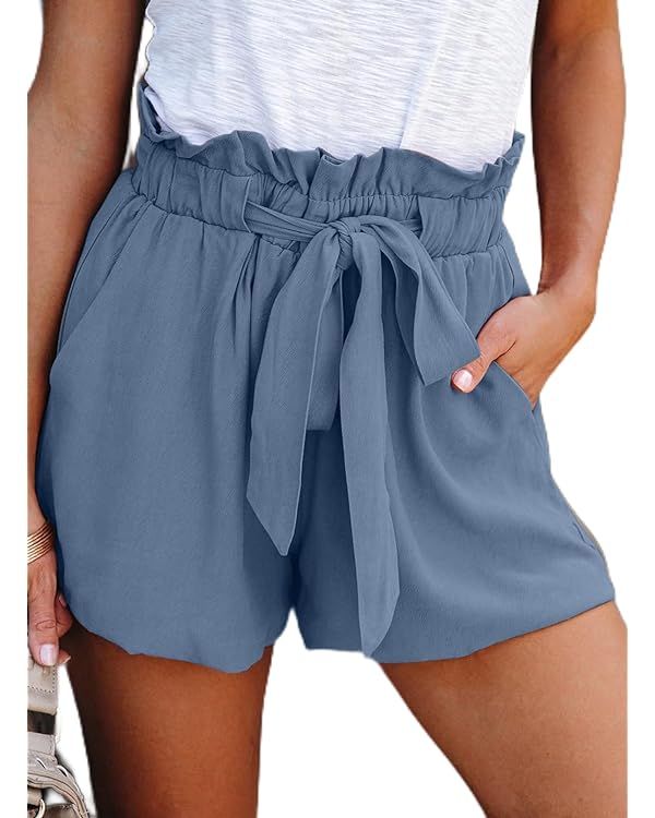 Dokotoo Womens Casual Summer 2024 Ruffle Belted Elastic Waist Shorts with Pockets | Amazon (US)