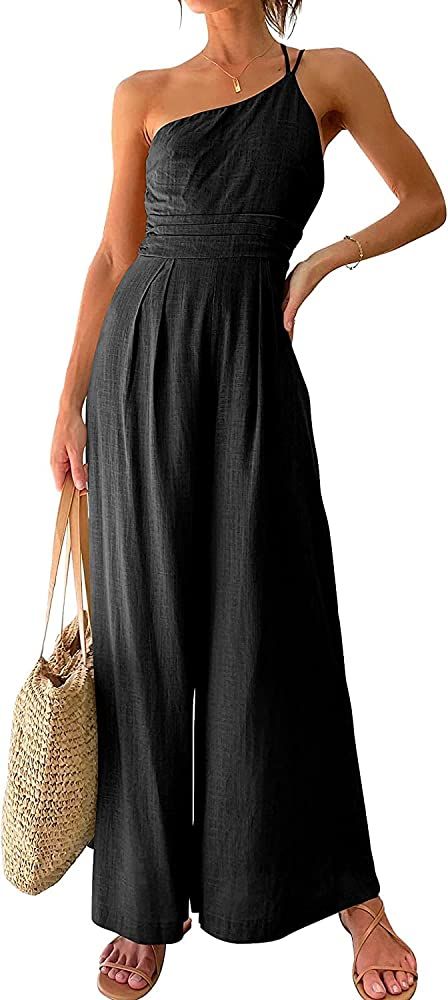 Women's Summer One Shoulder Jumpsuit Dressy Wide Leg Jumpsuits High Waist Casual Romper with Pockets | Amazon (US)