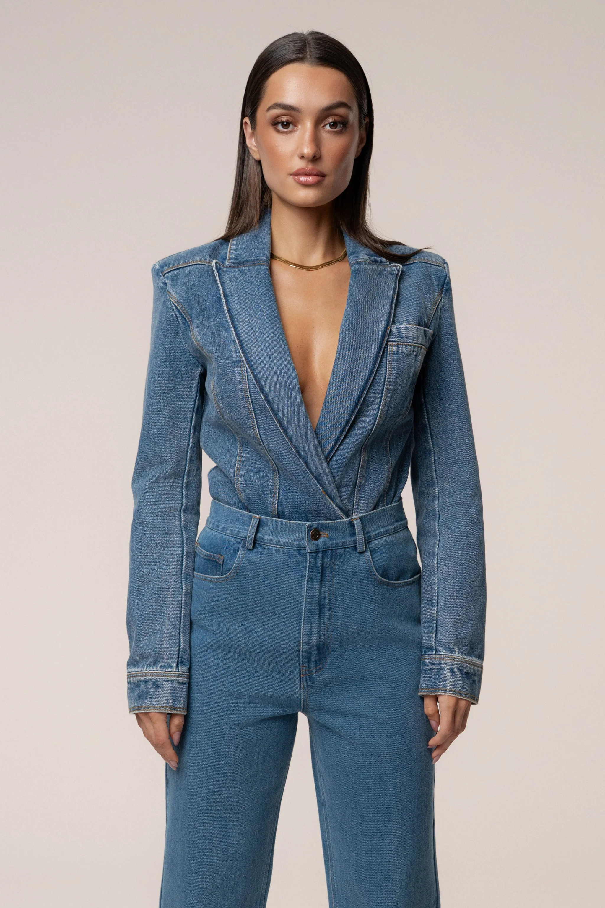 Medium Wash Dominica Structured Denim Bodysuit | JLUXLABEL