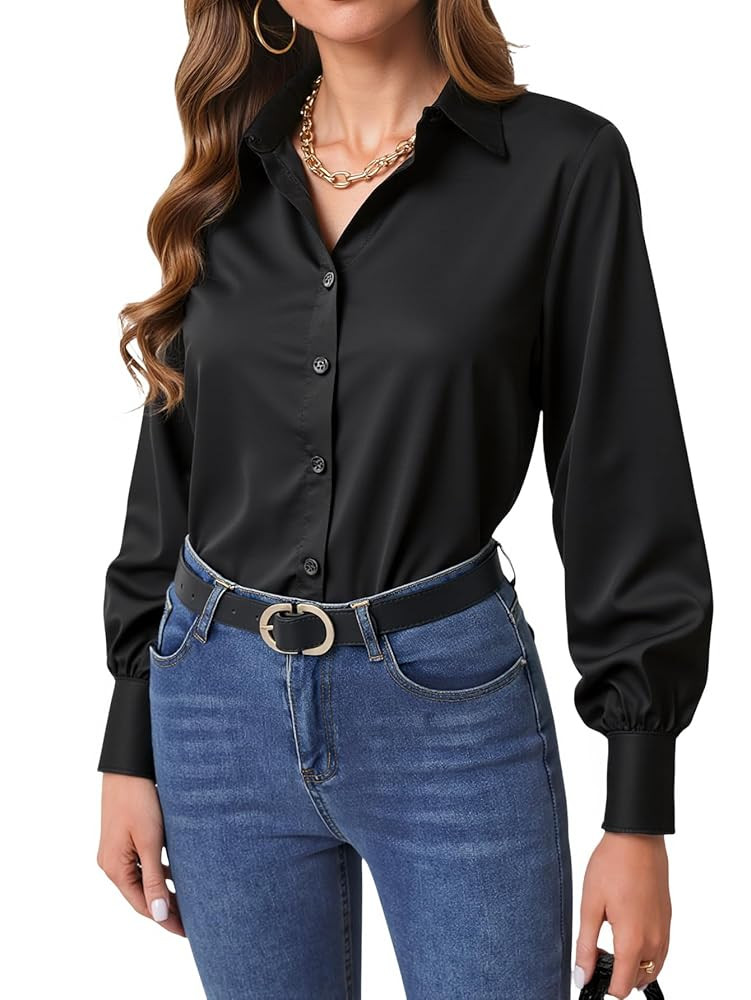 Women's Collared Neck Long Sleeve Button Down Shirt Business Casual Blouses | Amazon (US)