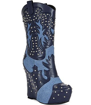 Azalea Wang Callia Studded Denim Overlasted Platform Wedge Booties - 9 | Dillard's