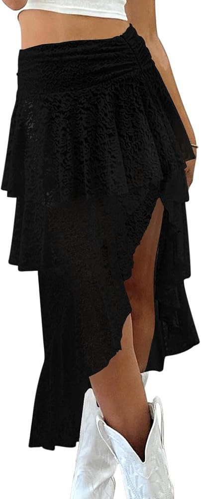 Womens Lace Midi Skirts Y2K Asymmetrical Layered Flowy Skirts Long Skirt | Amazon (US)
