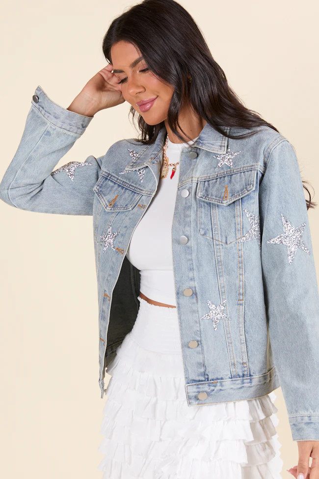 Brightest Night Light Wash Embellished Star Denim Jacket DOORBUSTER | Pink Lily