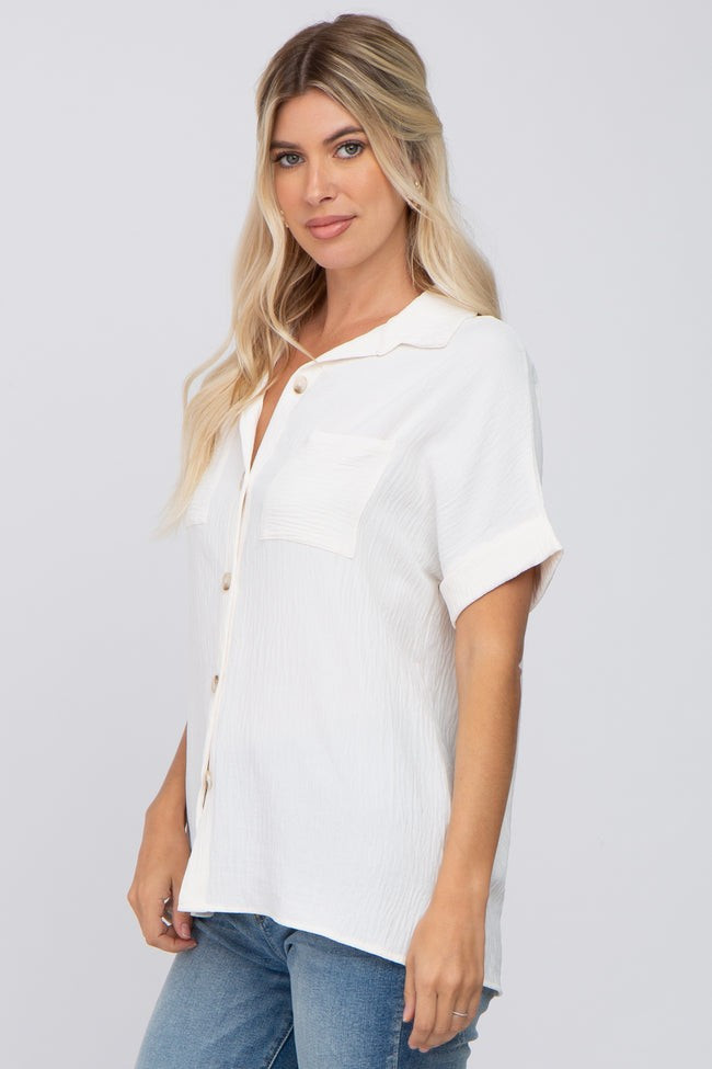 Ivory Collared Button-Down Short Sleeve Blouse | PinkBlush Maternity