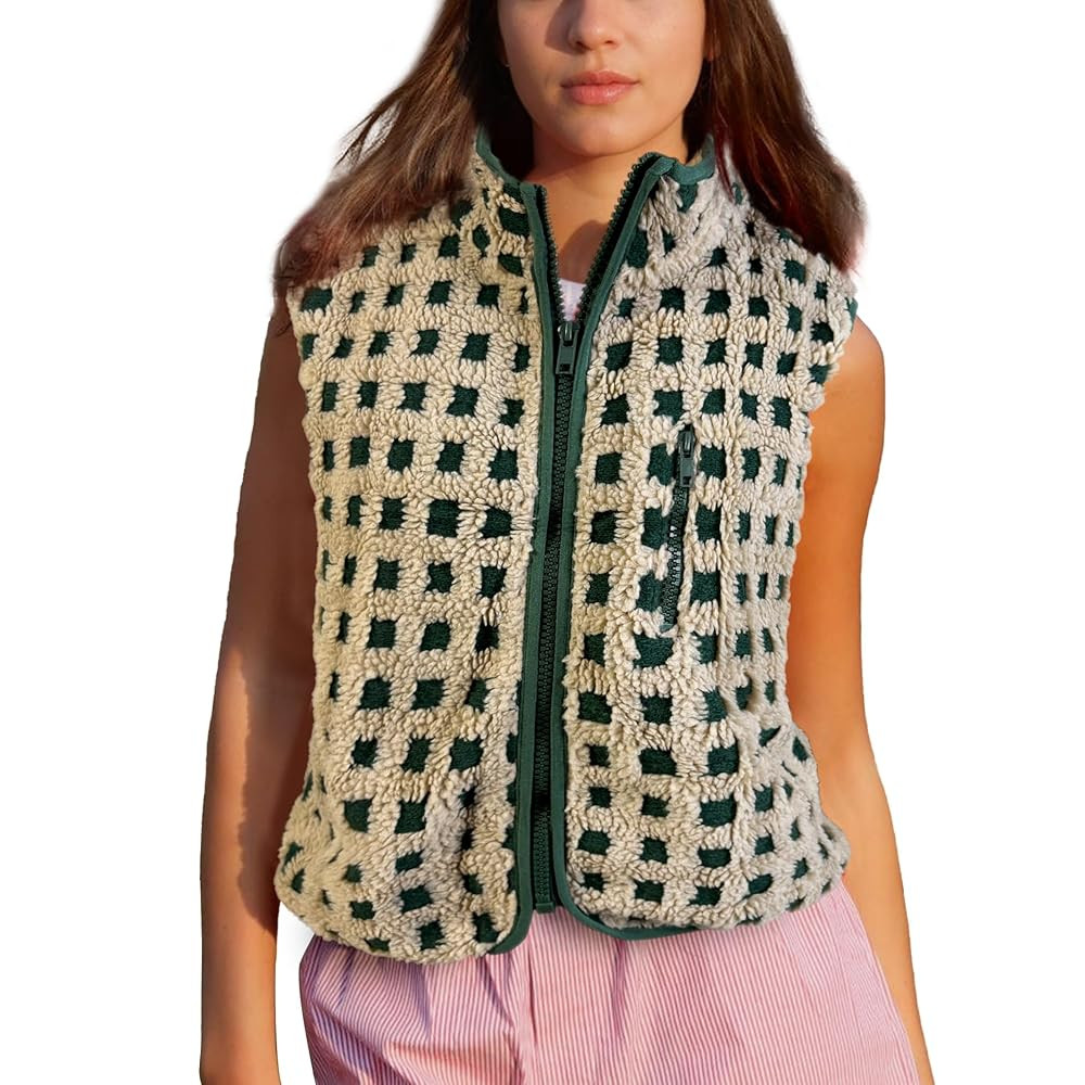 Womens Checkered Sherpa Vest Sleeveless Winter Fleece Jacket High Neck Zip Up Plaid Gilet with Ch... | Amazon (US)