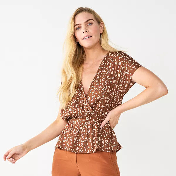 Women's Nine West Short Sleeve Peplum Wrap Top | Kohl's