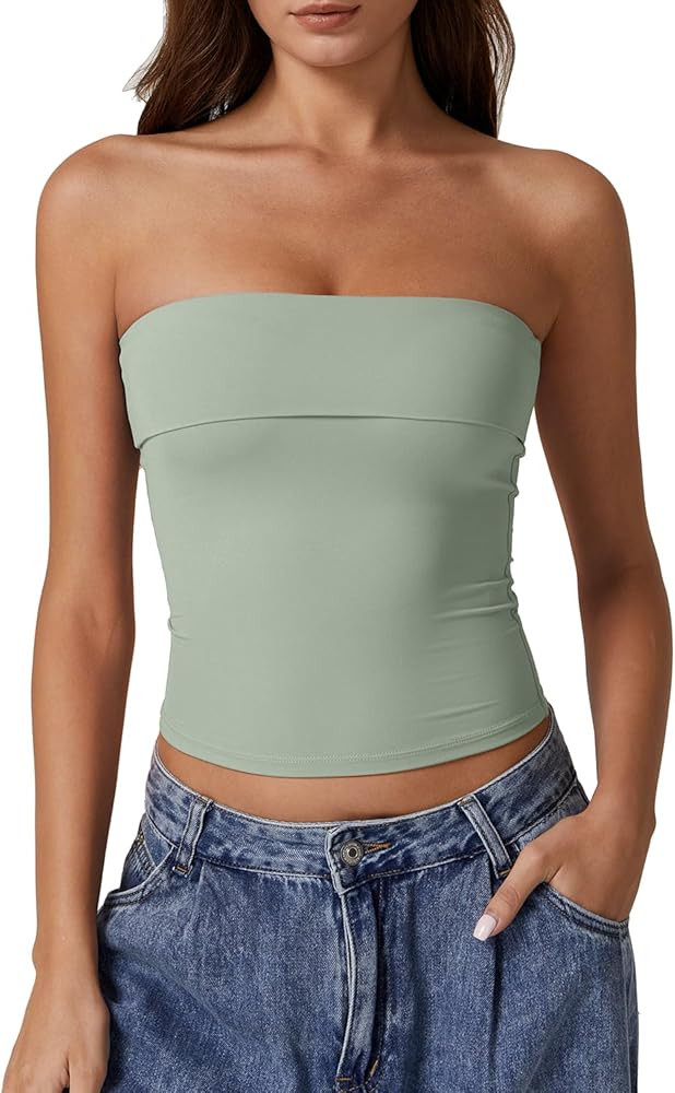 QINSEN Women's Tube Tops Strapless Bandeau Tops Double Lined Slim Fit Summer Going Out Tank Tops | Amazon (US)