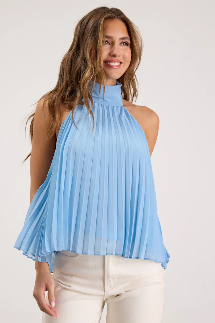 Twyla Light Blue Pleated Halter Tank Top | Lulus