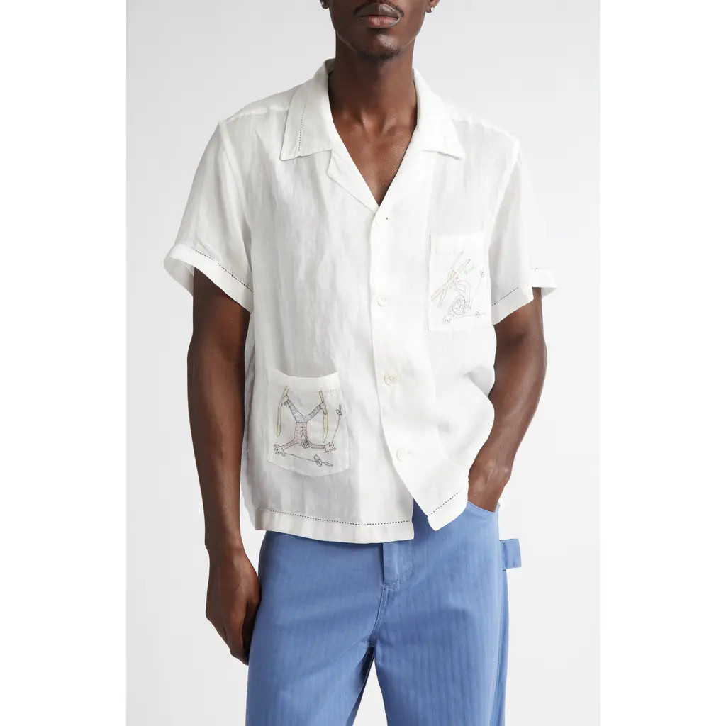 Bode Skiers Embroidered Linen Camp Shirt in White Multi at Nordstrom, Size Small | Nordstrom