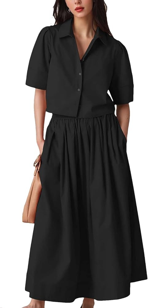 Wanzetaly Womens 2 Piece Outfits Summer Skirt Set Button Short Sleeve Tops and Maxi Skirt Dress S... | Amazon (US)