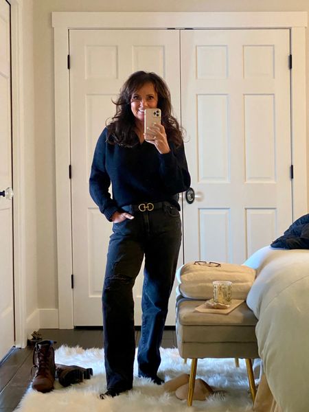 Black on black tonal outfit  
Black perfect vintage straight leg jeans.
Black collared sweater. 
Black belt with gold buckle. 
kimbentley, casual outfit, fall outfit, petite style

#LTKSeasonal #LTKstyletip