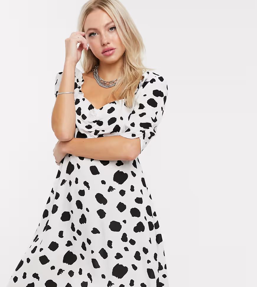 Reclaimed Vintage inspired tea dress with ruching front in dalmatian polka dot-Multi | ASOS (Global)