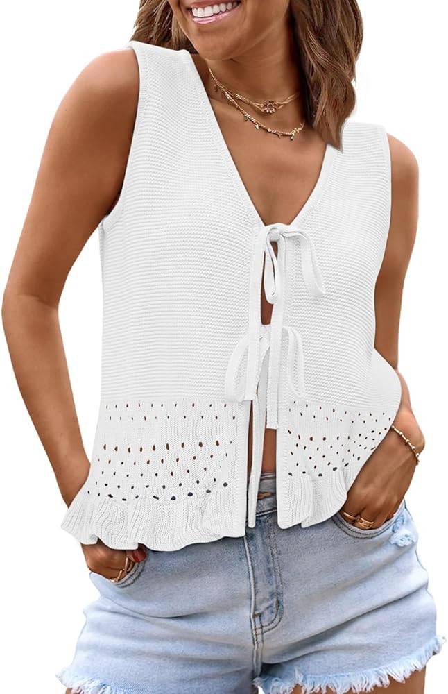 COCCKO Womens Crochet Tops Tie Front Tops Sleeveless Ruffle Eyelet Beach Fashion Summer Casual Cu... | Amazon (US)