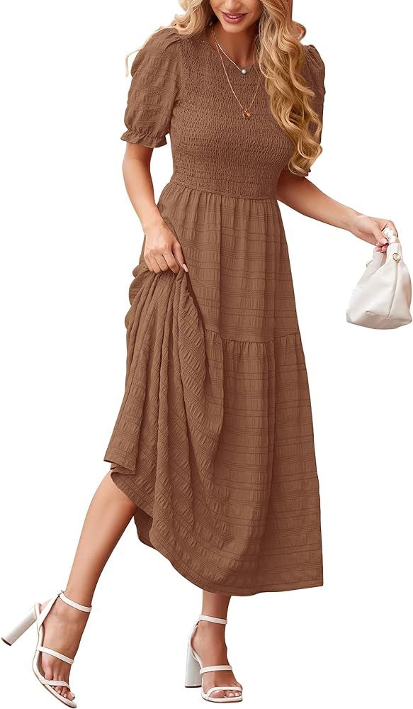 dowerme Women Summer Dresses 2024 Casual Puff Short Sleeve Crewneck Smocked Flowy Ruffle Boho Bea... | Amazon (US)