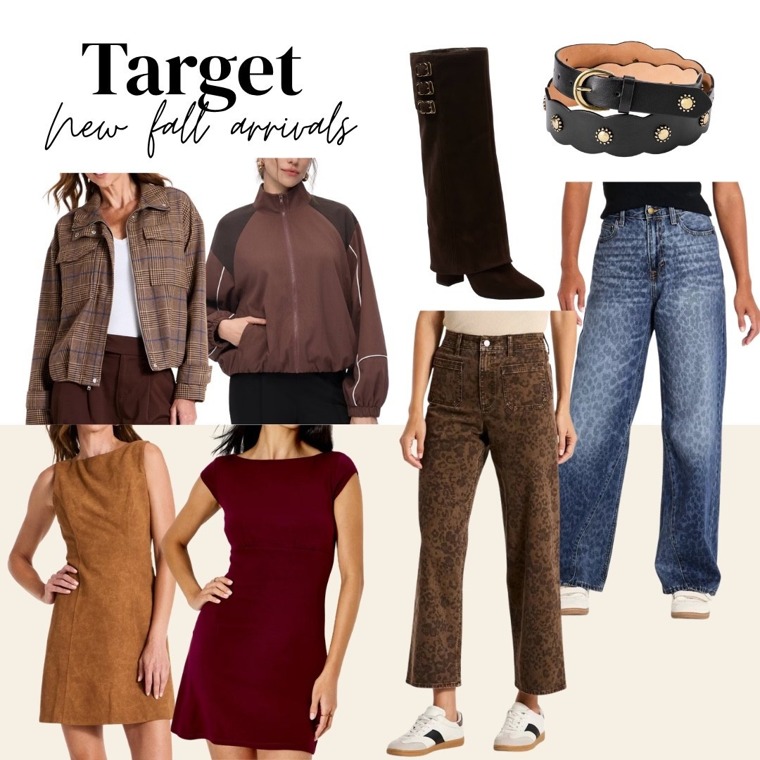 @Target New fall arrivals at Target 🍂 Plaid shacket, brown bomber, suede shift dress, burgundy dress, leopard print jeans, wide-leg denim, tall buckle boots, and a studded belt — so many good pieces this season!

All linked below!

#LTKootd #LTKSeasonal #LTKWorkwear
