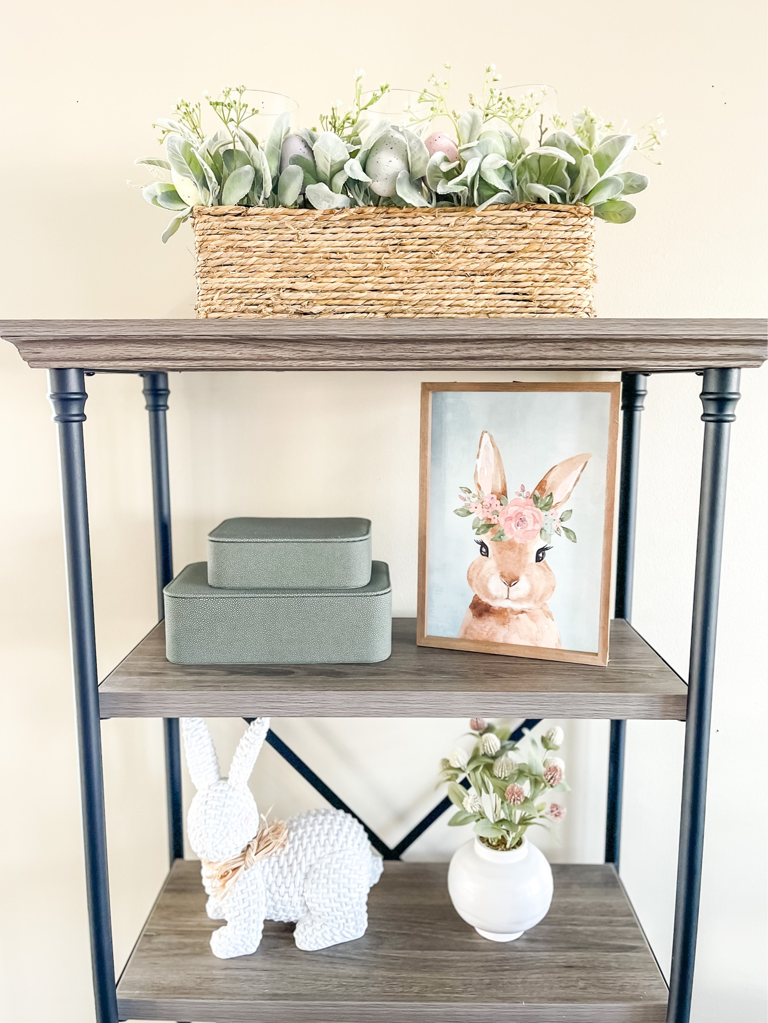 Easter decor. Easter egg centerpiece. Easter bunny art print. Stacked boxes. White Easter bunny. Spring floral arrangement. Bookcase. Bookshelf. Spring decor. Home decor. Easter home decor 

#LTKSeasonal #LTKFind #LTKhome