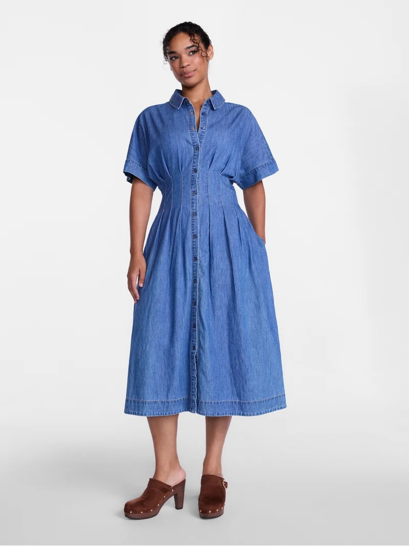Scenario Women's and Women's Plus Pleated Waist Midi Shirtdress with Short Sleeves, Sizes XS-4X | Walmart (US)