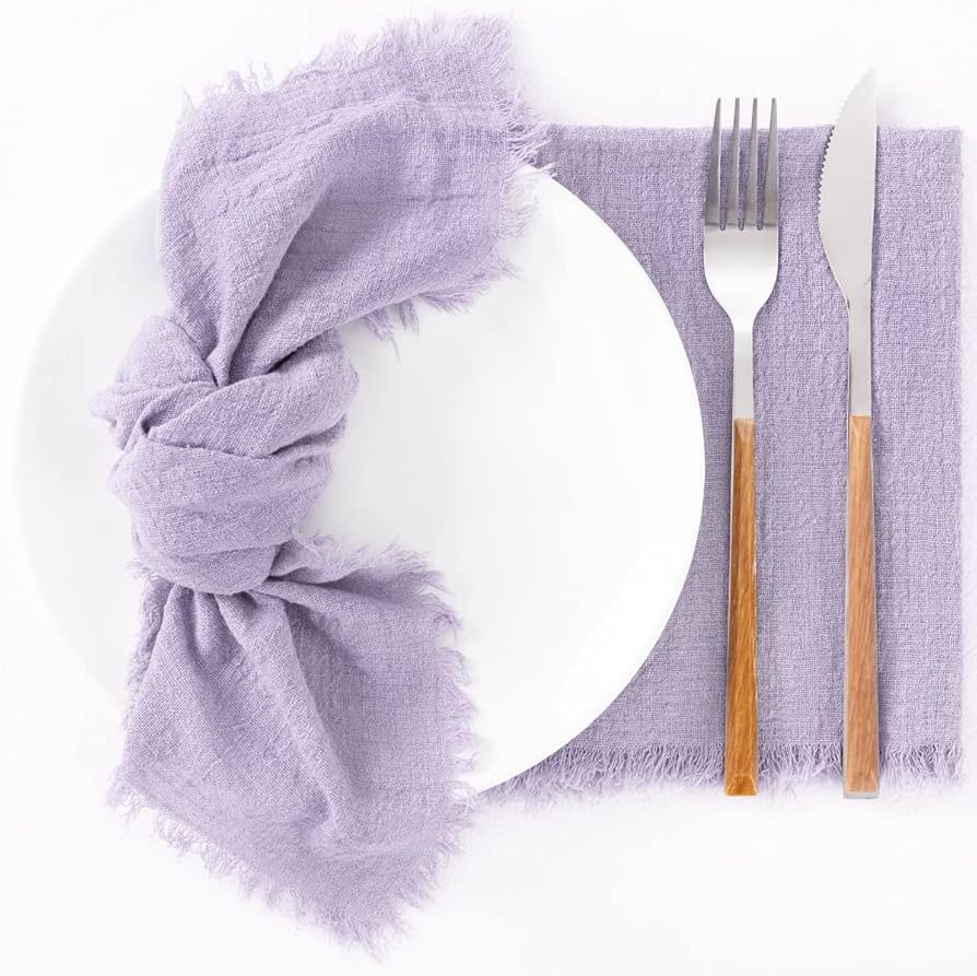 Socomi Handmade Cloth Napkins with Fringe Set of 8 Lavender Cotton Linen Napkins 18"x18" Rustic D... | Amazon (US)