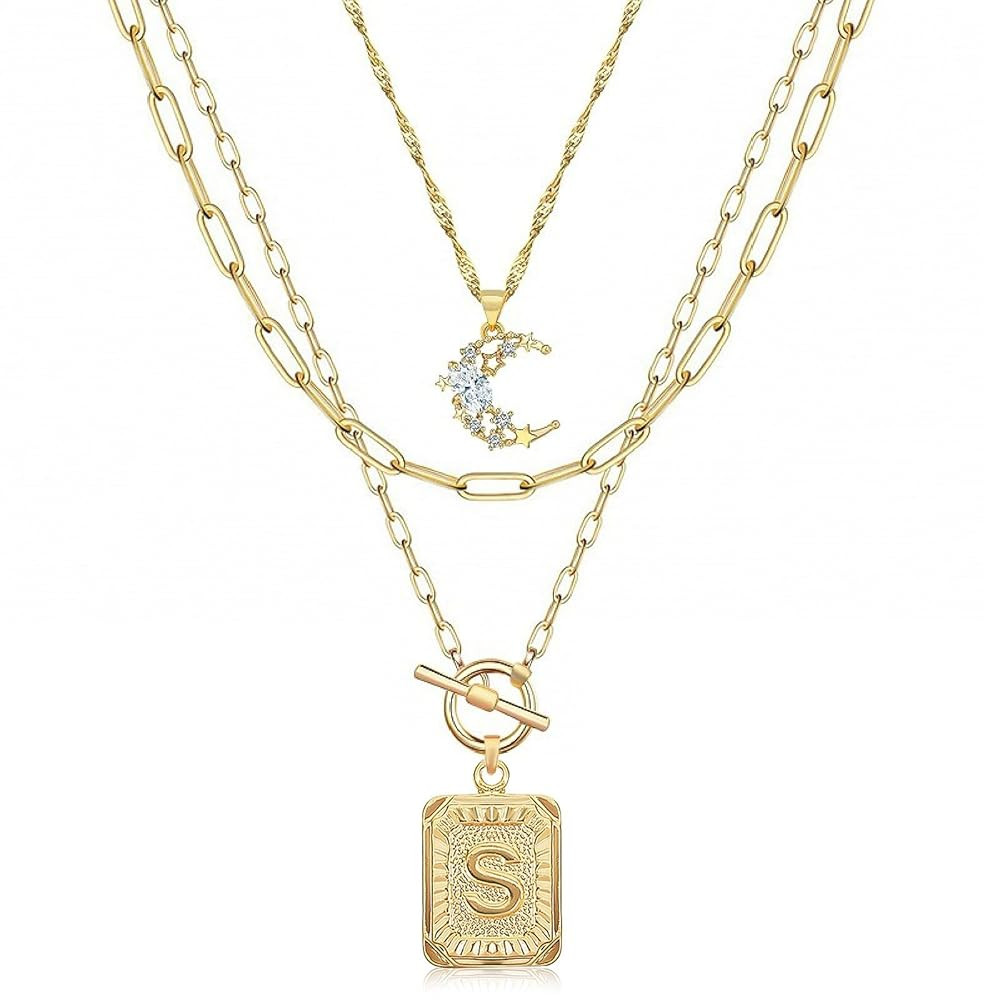 MJartoria Layered Initial Necklaces for Women Trendy, 14K Gold Plated Simple Moon Choker Square L... | Amazon (US)