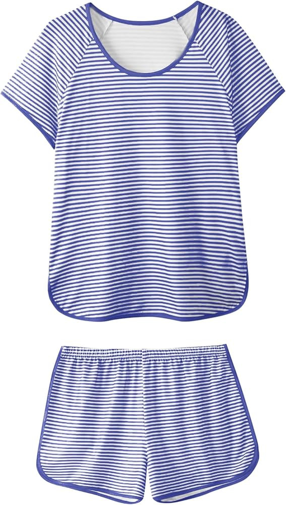 Hilinker Women Striped Pajama Set Short Sleeve Top with Shorts Sleepwear Pjs 2 Piece Lounge Sets | Amazon (US)