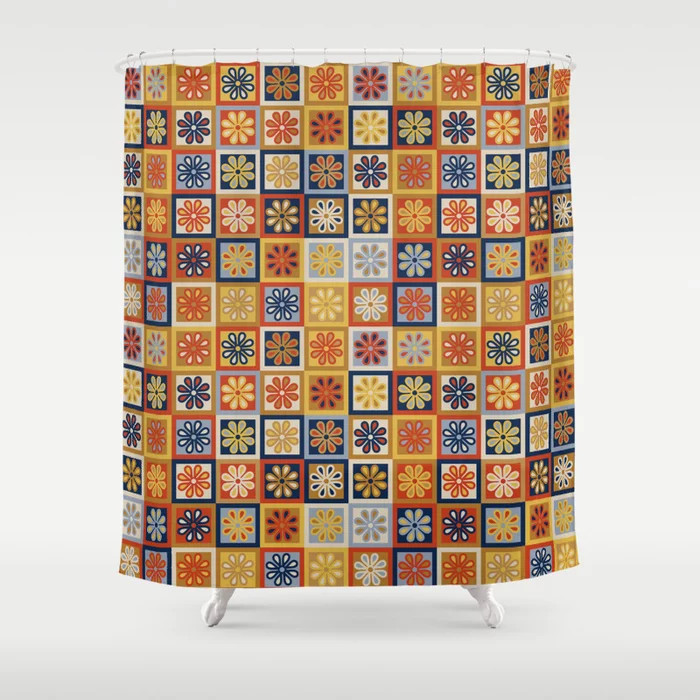 Retro Colorful Flower Checkerboard Shower Curtain | Society6