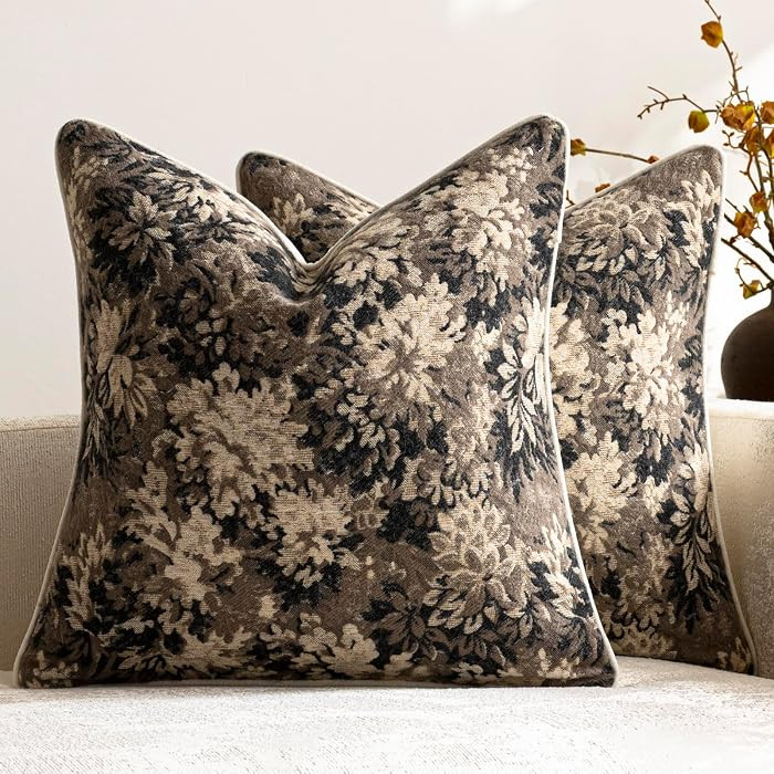 Pack of 2 Vintage Floral Throw Pillow Covers 18x18 Boho Farmhouse Accents Chenille Square Decorat... | Amazon (US)