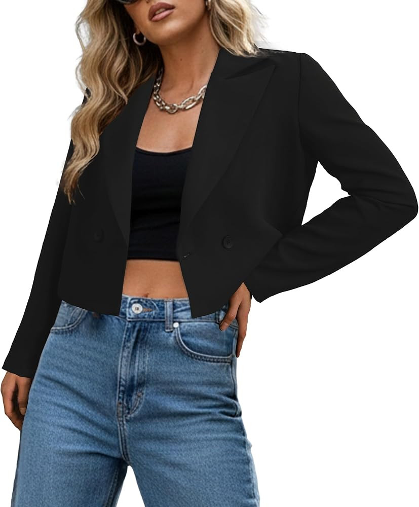 Ahlaray Women's Business Casual Blazer - Double-Breasted Long Sleeve Lapel Collar Cropped Blazer ... | Amazon (US)