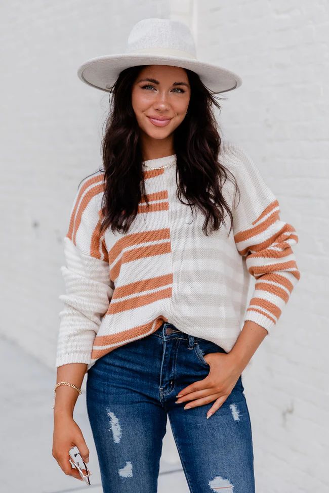 All To Me Brown And Taupe Striped Colorblock Sweater | Pink Lily