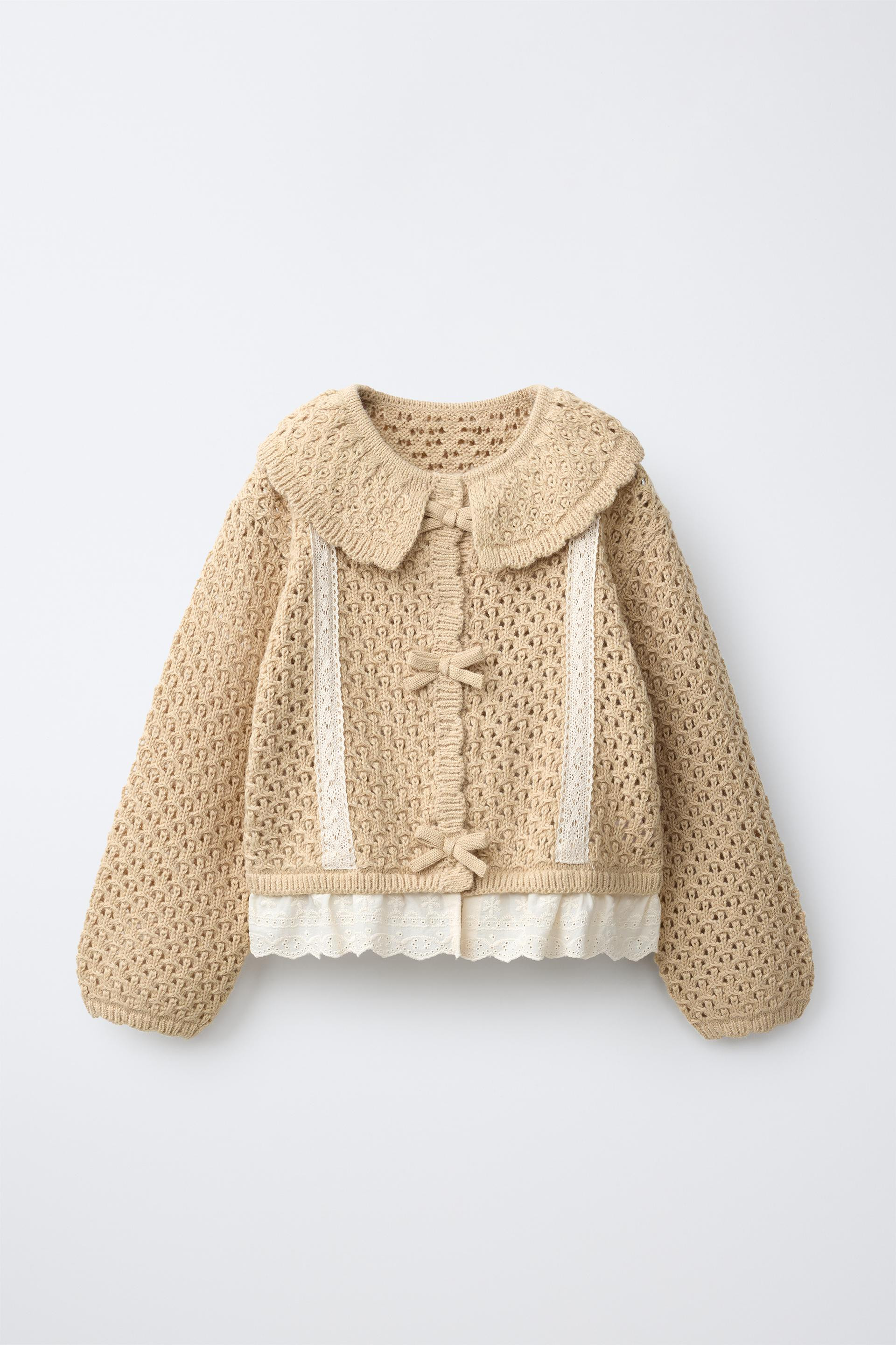 Zara - Lace Trim Knit Cardigan - Beige - 6 Years (45,2 Inches) - Kids | Zara US