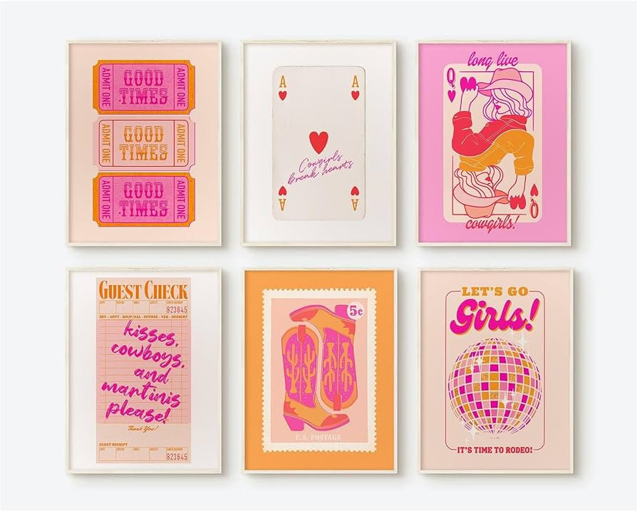 Hot Pink Wall Art Decor Trendy Aesthetic Pictures Preppy Funky Wall Art Poker Retro Poster Orange... | Amazon (US)