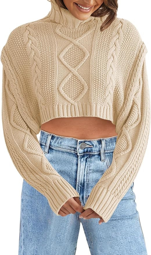 Sovoyontee Women's 2023 Fall Turtleneck Cropped Sweater Cable Knit Batwing Long Sleeve Cute Pullo... | Amazon (US)