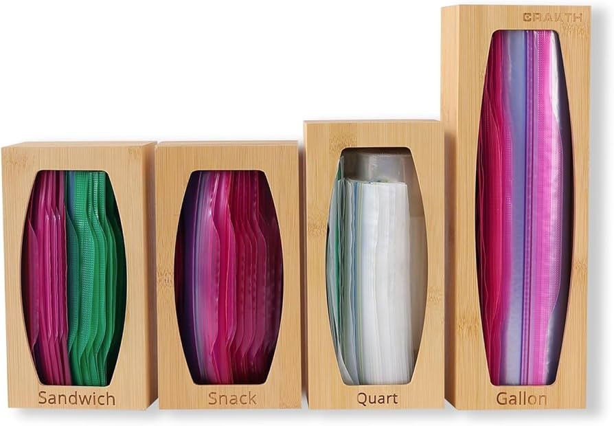 Bamboo Plastic Bag Storage Organizer for Kitchen Drawer, 4 Separate Baggie Organizer, Suitable fo... | Amazon (US)