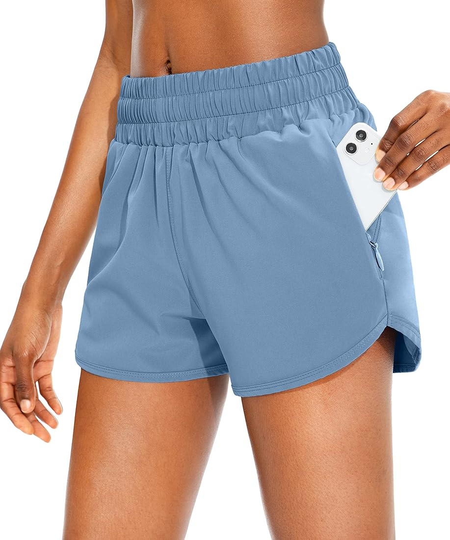 SANTINY Women's Running Shorts with Zip Pockets High Waisted Athletic Workout Gym Shorts for Women w | Amazon (US)