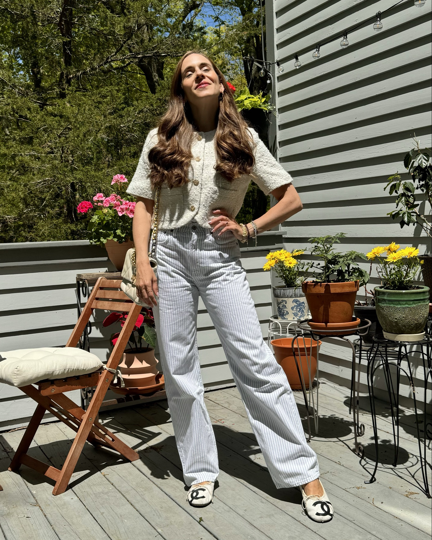 Loving this tweed button down short sleeve white jacket that is giving Jackie O and current Celine vibes for way less (currently on sale) & this white and blue striped high waisted mom jean denim is so my vibe right now! Coastal chic effortlessly put together. My Chanel accessories are also linked to shop (though the shoes are super old but second hand versions are tagged to shop that I could find to link) 

#LTKFindsUnder100 #LTKWorkwear #LTKStyleTip