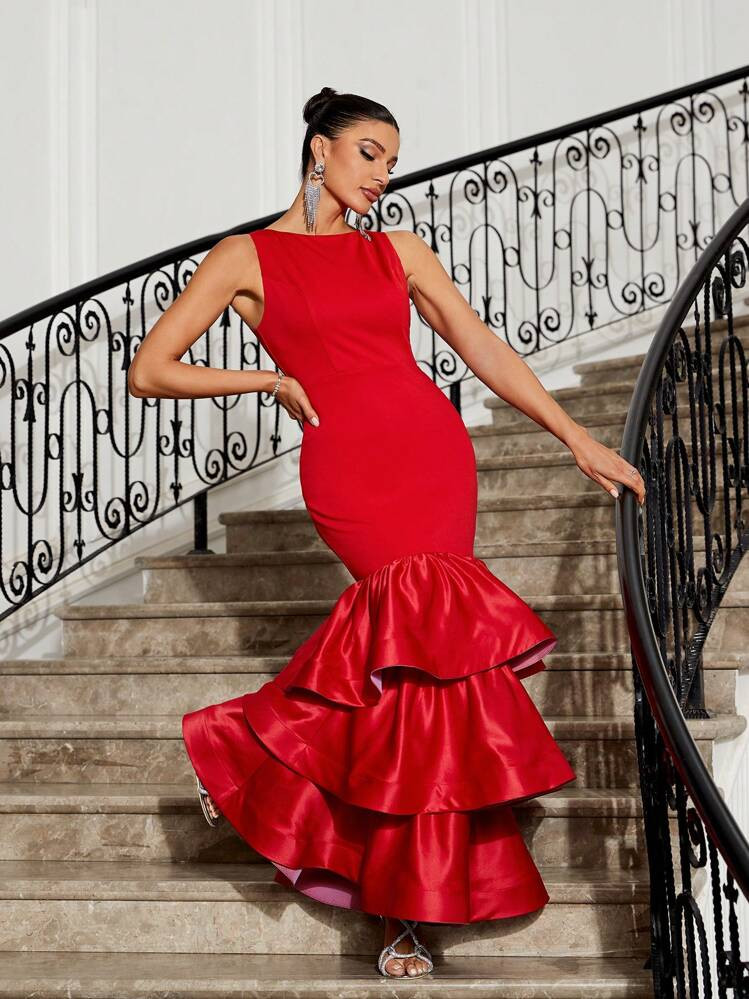 SHEIN Belle Women's Formal Evening Dress With Tower-Like Hem And Material Mix Design (Heavy Work ... | SHEIN