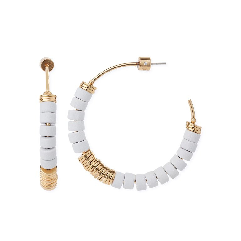 Scoop Women’s Coco Wood Bead and 14K Gold Flash-Plated Open Hoop Earrings, White - Walmart.com | Walmart (US)