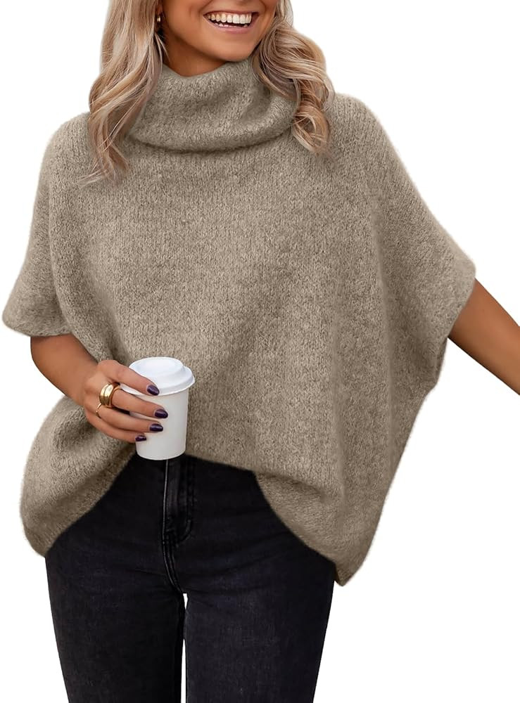LILLUSORY Women's Turtleneck Oversized Sweaters Short Batwing Sleeves Tops Fall Winter Loose Fit ... | Amazon (US)