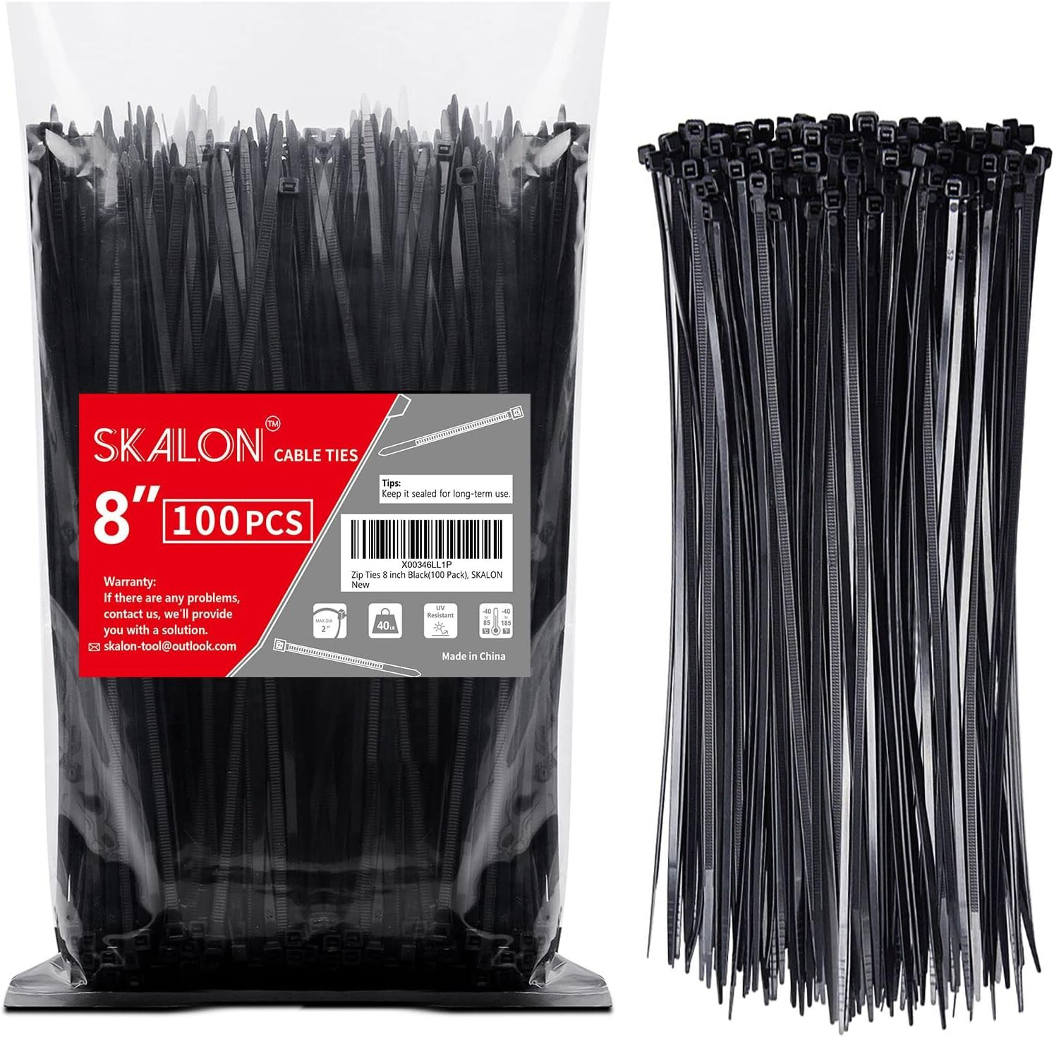 Zip Ties 8 inch (100 Pack), 40lbs Tensile Strength, Black Cable Ties, Wire Ties for indoor and outdoor use, by Skalon | Amazon (US)