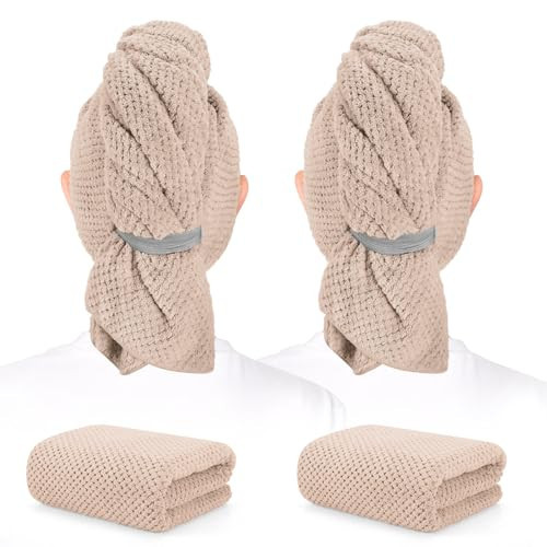 BEoffer 2 Pack Microfiber Hair Towel - 41 x 24 inches Super Soft, Absorbent, Fast Drying Without Frizz Hair Towel Wrap for Women Long, Thick, Curly Hair - Hair Turbans with Elastic Strap | Amazon (US)