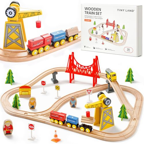 Tiny Land 55PCS Wooden Train Set - Compatible with Major Brand Tracks, Educational Toy for Toddlers & Kids Ages 3-7, Durable Wooden Railway Tracks | Amazon (US)