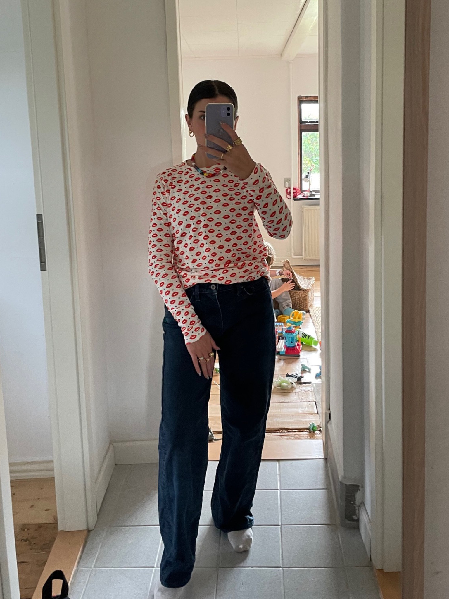 Colourful outfit, transitional outfit, patterned top, long sleeve top, casual outfit, weekend outfit, dark blue jeans, denim jeans, straight leg jeans, beaded necklace, rainbow necklace, COS, Anthropologie, Boden, Oliver Bonas, Sezane

#LTKSeasonal #LTKstyletip #LTKeurope