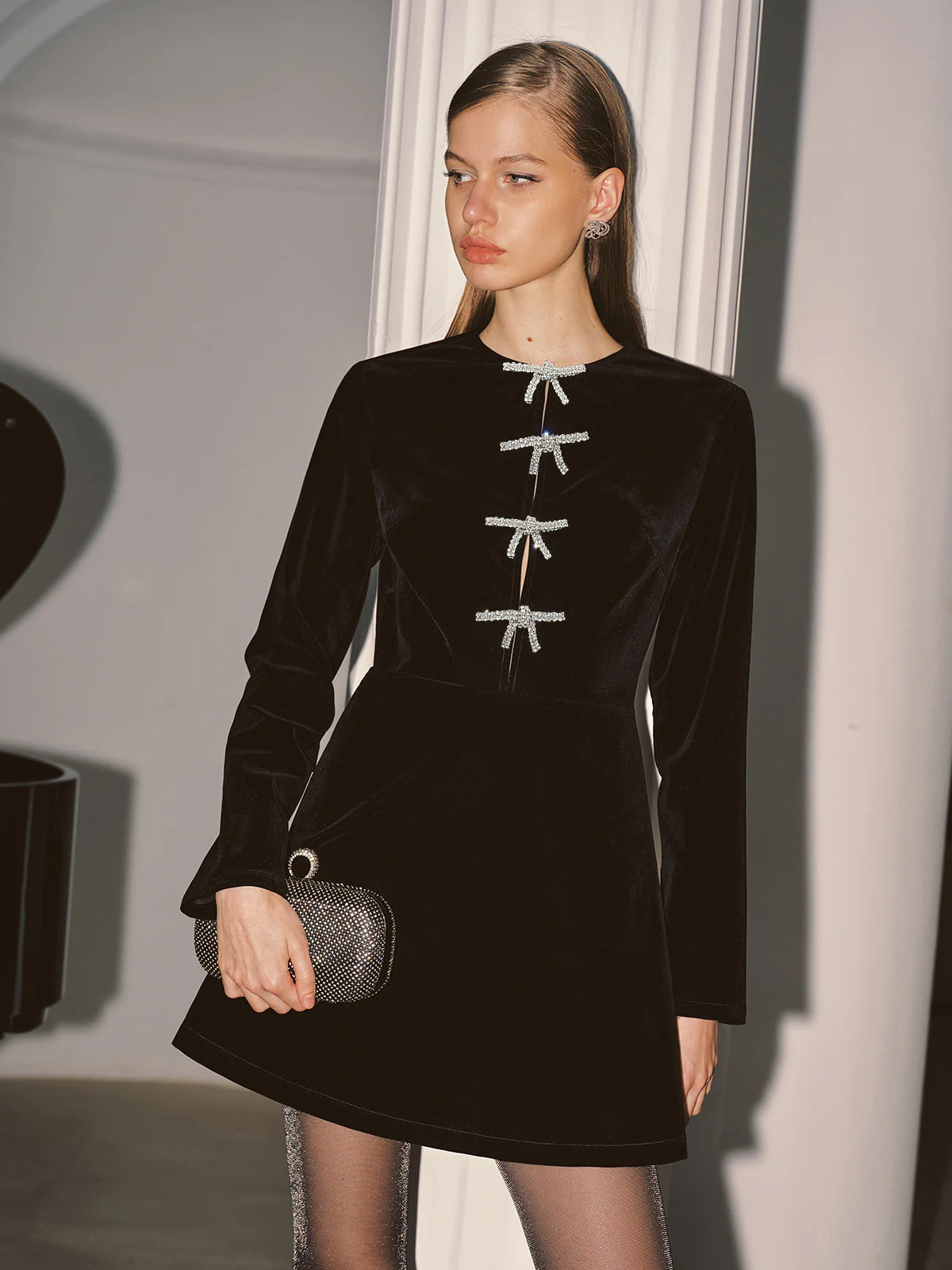 Crystal Bow Detail Velvet Mini Dress | Commense