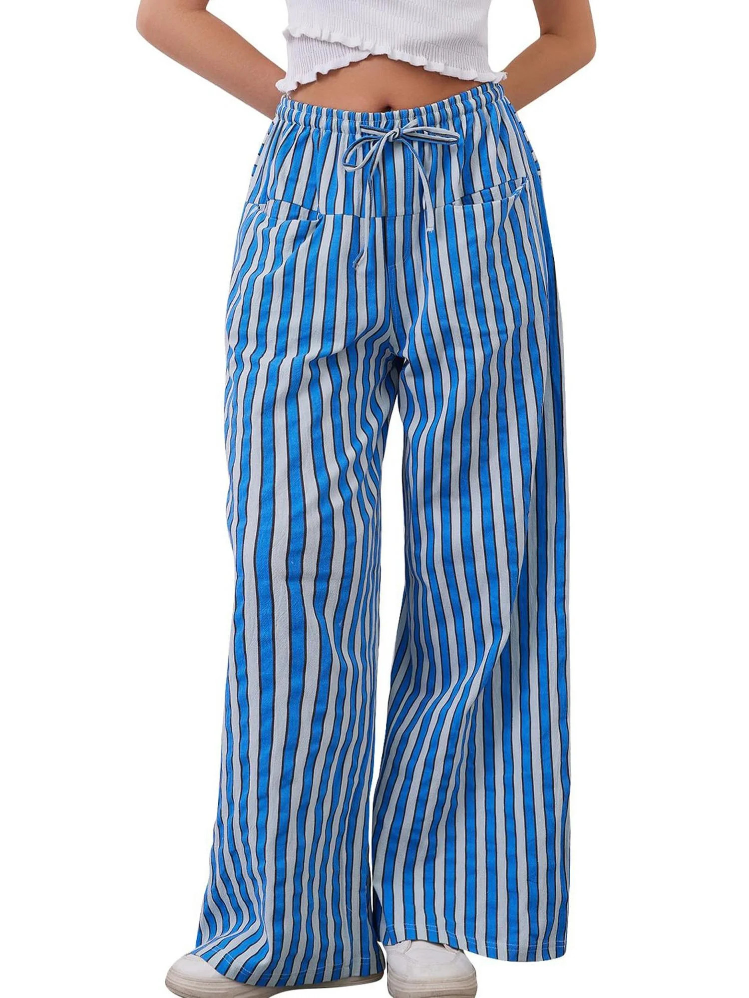 TEMOFON Pants for Women High Waist Wide Leg Pants Casual Palazzo Drawstring Striped Trousers Loos... | Walmart (US)