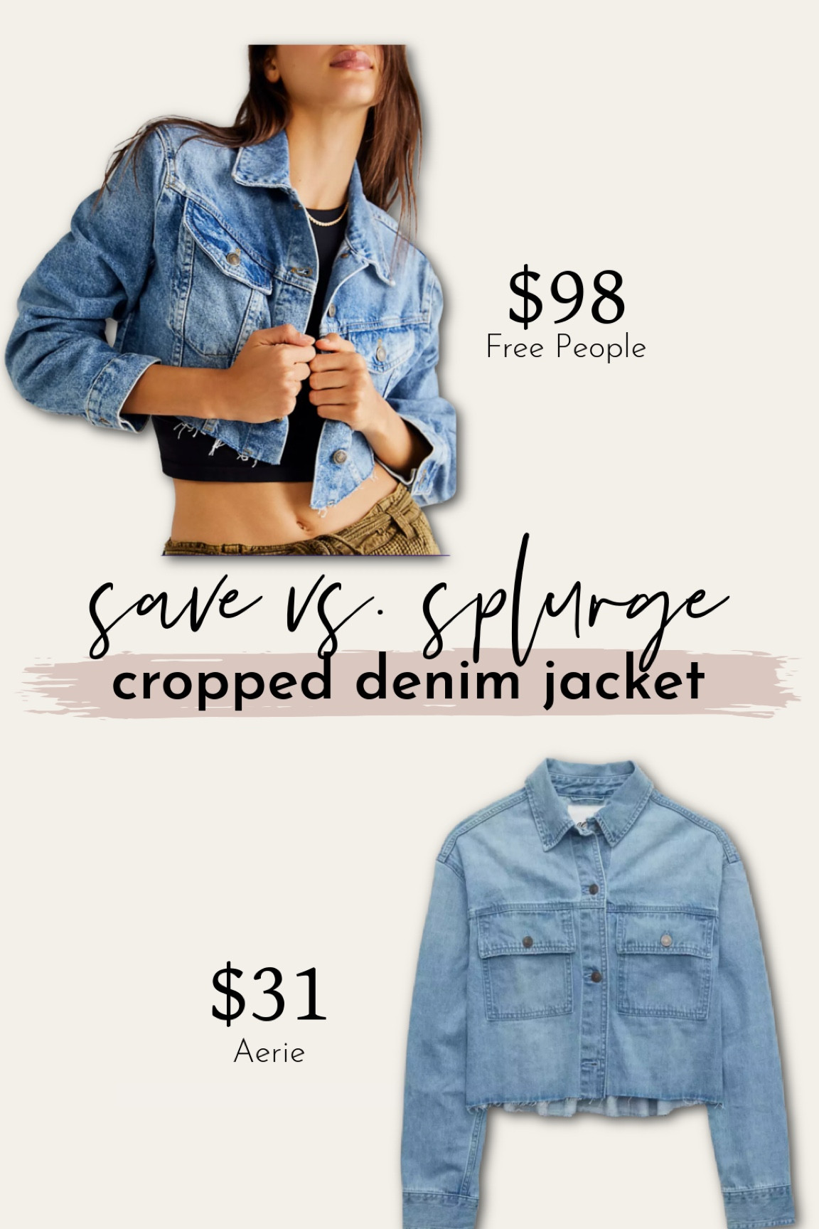Save vs Splurge
Cropped denim jacket for fall fashion
Free People
Aerie

#freepeople #aeriereal #angelalanter

#LTKSale #LTKsalealert #LTKSeasonal