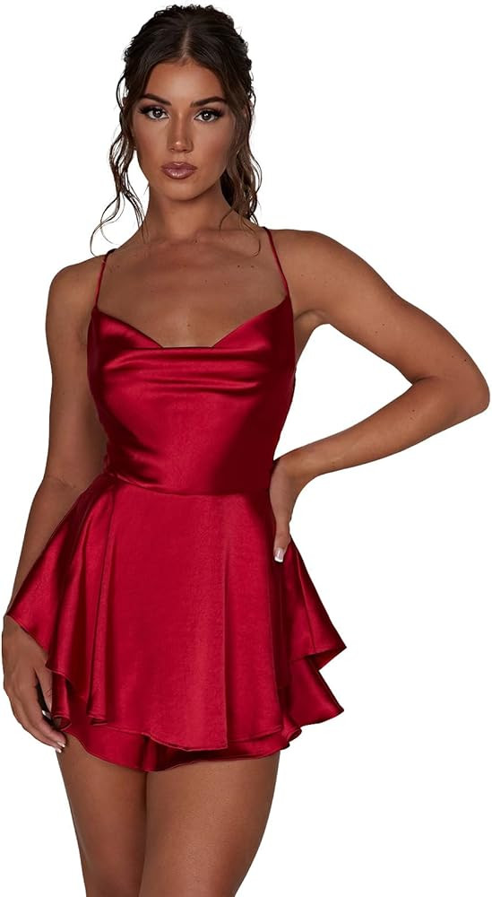 Women Sexy Spaghetti Strap Satin Dress Sleeveless Low Cut Backless Short Romper Dress Party Jumps... | Amazon (US)